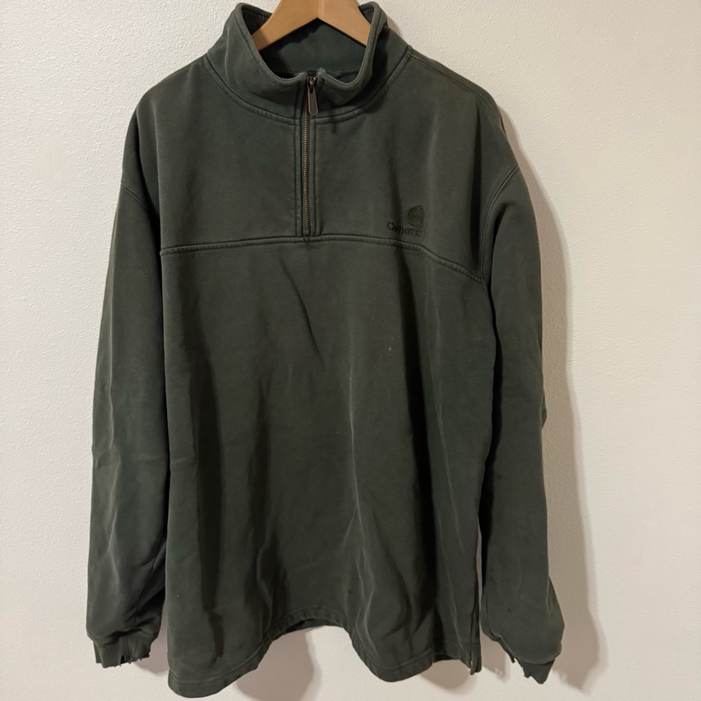 Vintage Carhartt Heavyweight Zip-Mock Sweatshirt Army Green Distressed-2XL Tall